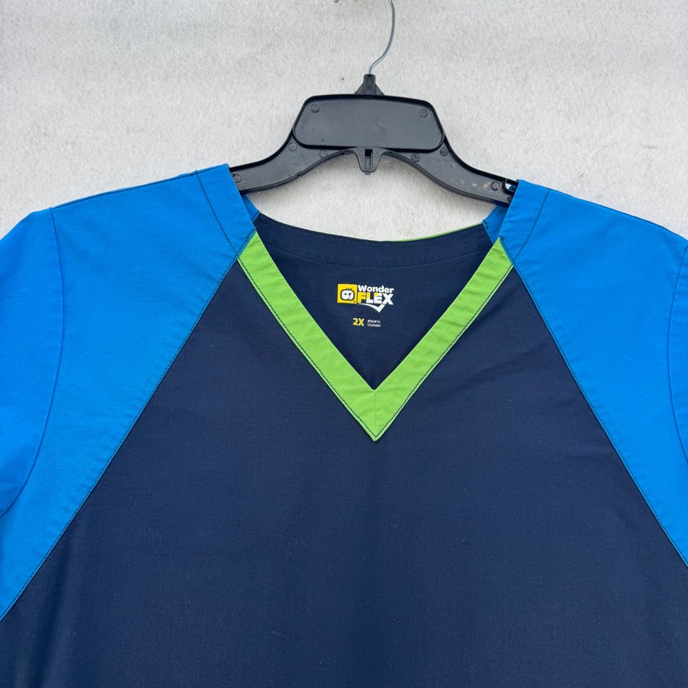 WonderFLEX Scrub Top 2X Womens Blue Green V Neck Short Sleeve Uniform - Picture 2 of 9